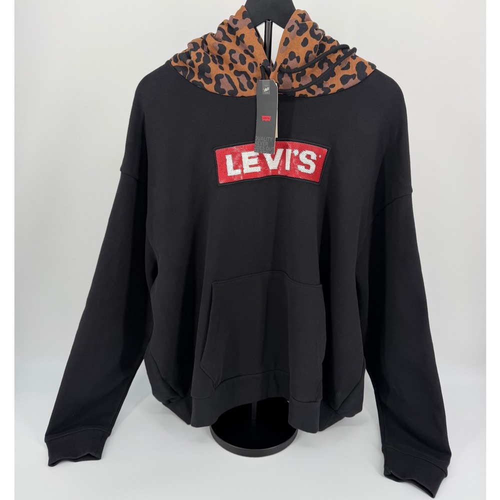Levi's Hoodie Womens XL Black New Sequin Logo Leopard Print Hood Sweatshirt